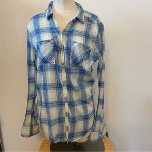 Women's Juniors Blue Plaid Beach Boho Hollister Sheer Roll Sleeve Shirt Sz Lg